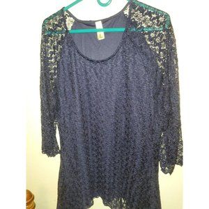 Decorated Originals Lace Top Blouse, 3/4 Sleeve, Dark Blue Size 2X/XXL